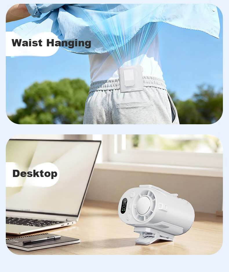 AUX Portable Waist Hanging Fan Personal Cooling Device Small Fan Outdoor Worksite High Power Long Battery Life Rechargeable Clip-On Waist Neck Hanging Air Conditioner Fan 9