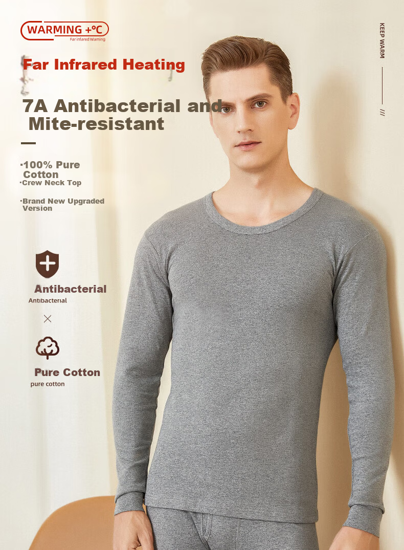 LangSha Men's Autumn Shirt 100% Cotton Antibacterial Thin Round Neck Invisible Thermal Base Layer 1