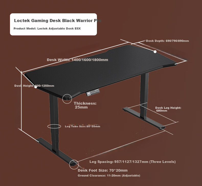 Loctek Black Warrior PRO Dual Motor Solid Wood Electric Adjustable Gaming Desk 1.4m Rubberwood 21