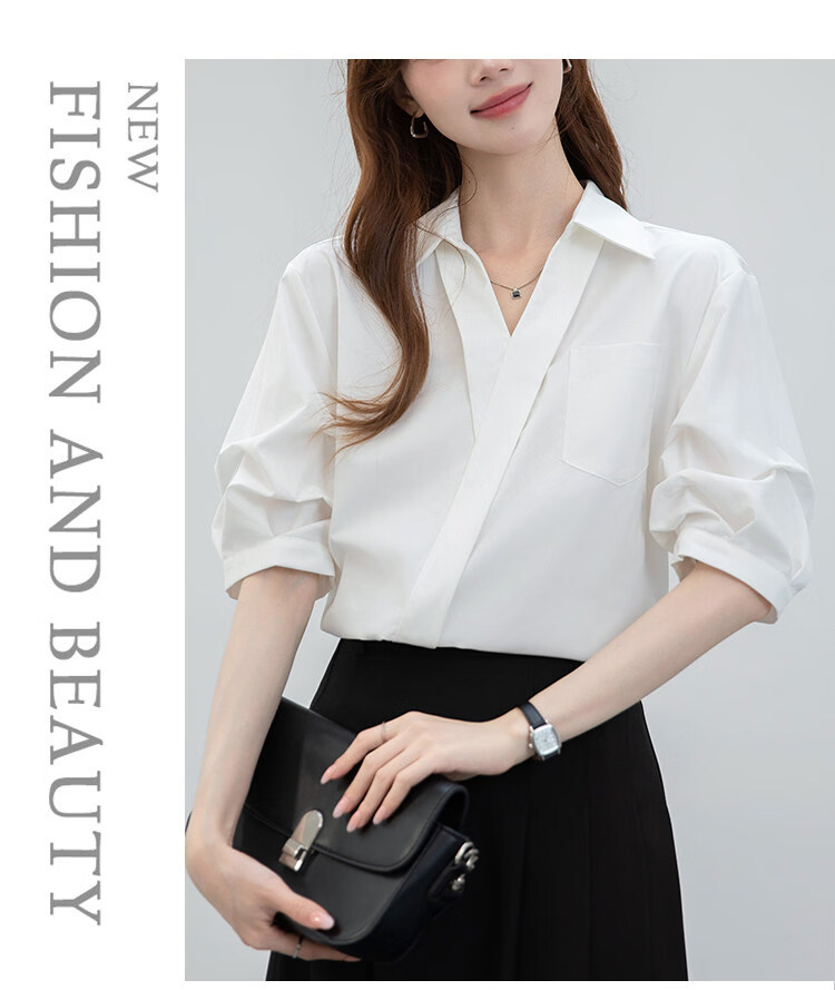 Handu Yishe Women's Short Sleeve Shirt 2026 Summer Commuting V-Neck Light Professional White Blouse M 11