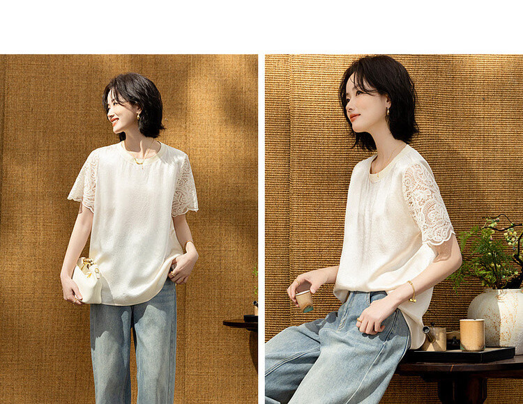 Demana [100 Acetate] Summer Glossy Lace Trim Short Sleeve Ribbed Crew Neck Loose Shirt for Women Premium Feel 10
