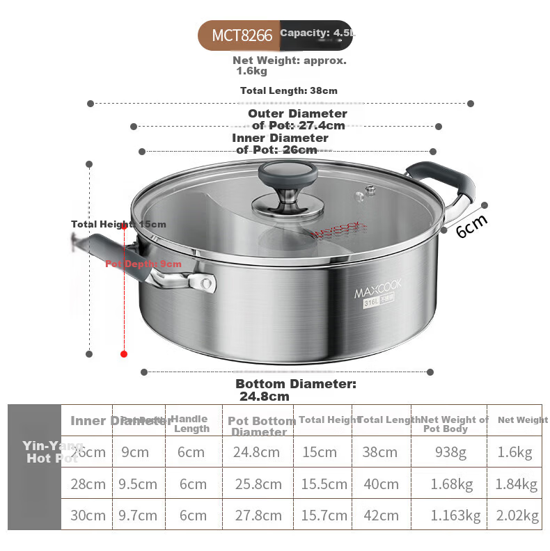 MAXCOOK 26cm 316L Stainless Steel Hot Pot Soup Pot with Lid, Compatible with Gas and Induction Cookers MCT7528 15
