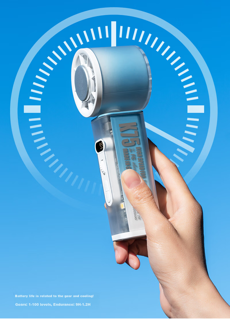 Bashidai Mini Handheld Fan Portable Oscillating Semiconductor Cooling Long Battery Life Digital Display 100-Level Stepless Speed Desktop Cooling Compress High-Speed Cooling Device with Lighting Blue 4
