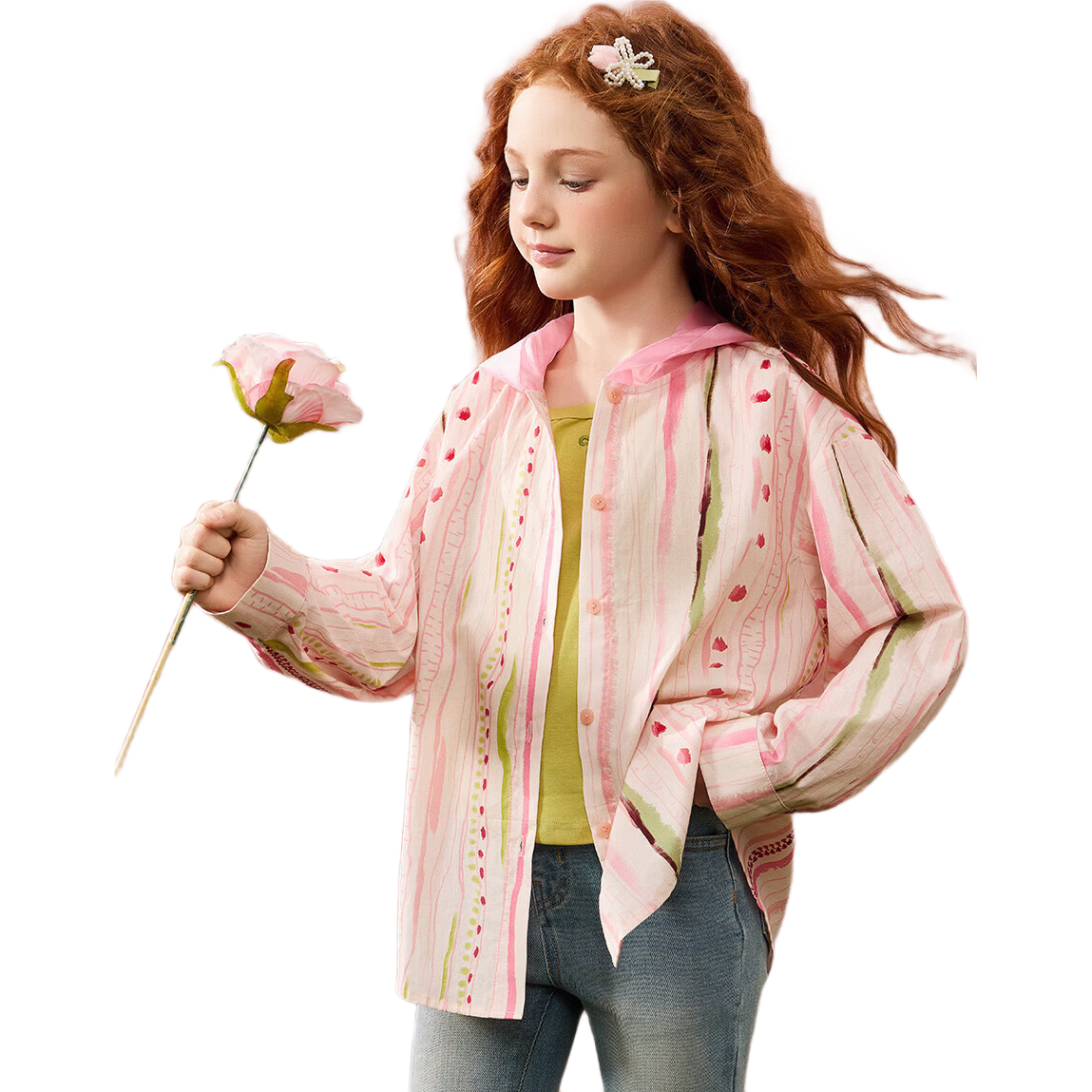 ASK JUNIOR Girls' Jacket 2026 Spring Breathable Color-Block Hooded Shirt Children's Casual Long Sleeve Cardigan Pink 110