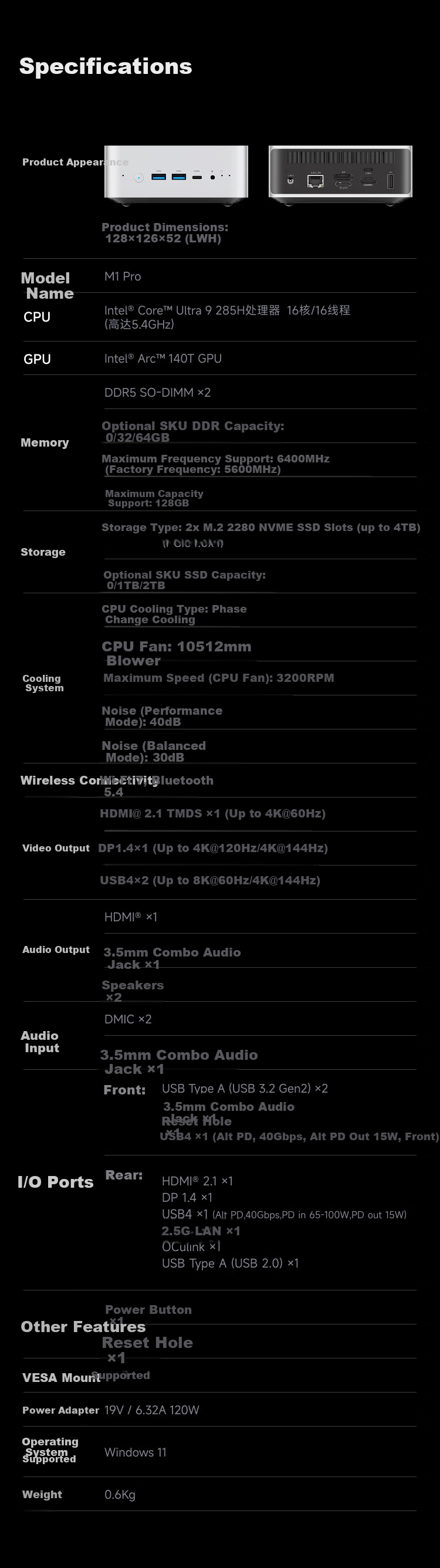 Mingfan M1 Pro-285H Core Ultra9 285H Mini PC AI Gaming Office Design Mini Desktop High-Performance Computer 32GB+1TB 17