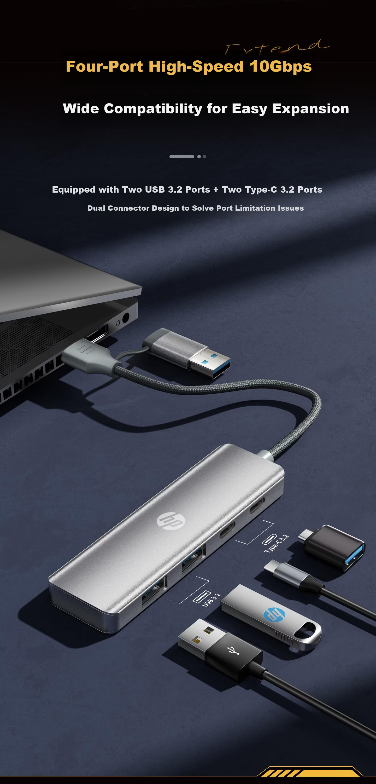 HP Docking Station Dual Port Splitter Type-C to Multi-Function Interface Adapter for Apple MacBook Laptop Desktop Phone Tablet High-Speed 10Gbps Transmission 4