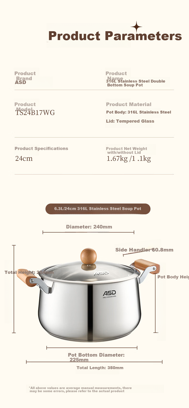 ASD 316L Stainless Steel Baby-Safe Soup Pot Steamer with Wooden Handle 24cm Compatible with Induction and Gas Stove B17 1