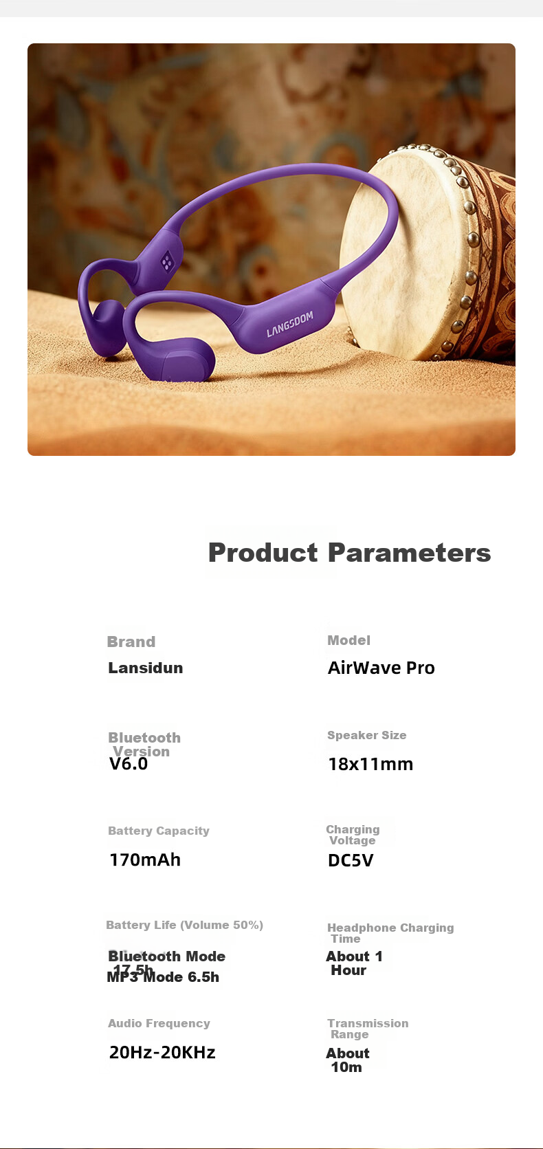 Langston AirWave Pro Open Bluetooth Wireless Bone Conduction Sports Earphones Running Cycling Non-In-Ear Compatible with Apple Dunhuang Purple 11