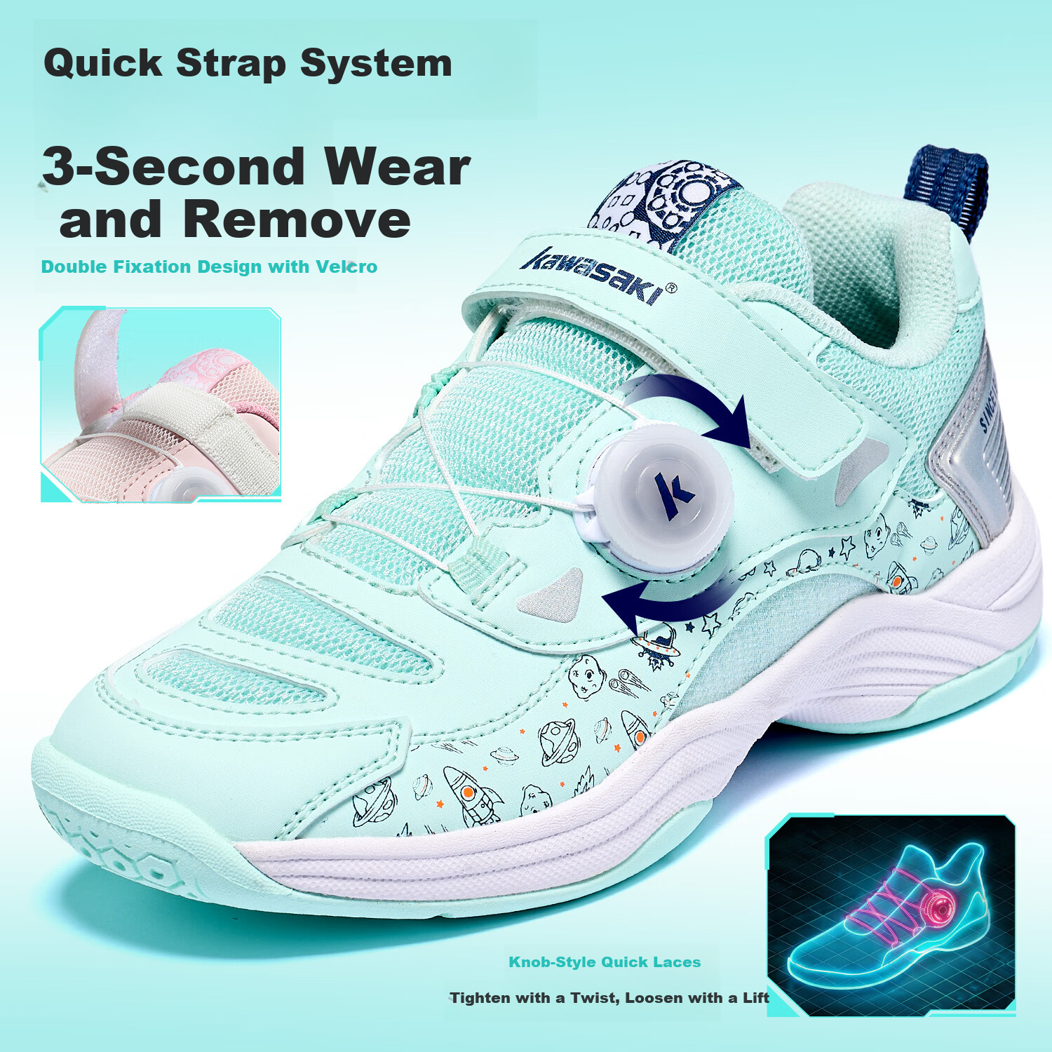 KAWASAKI Kids Badminton Shoes Anti-Twist Wear-Resistant Dial Buckle Velcro Starlight D42039 Pink Size 37