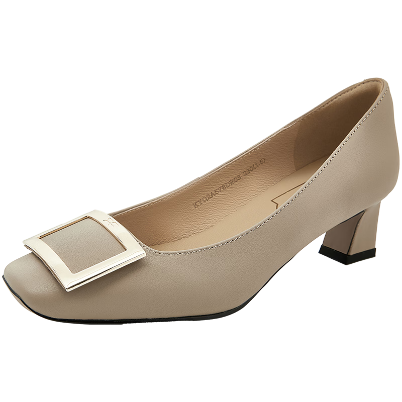 COMELY Women's Single Shoes, Spring New Style, Square Buckle Genuine Leather Versatile Chunky Heel Elegant Patent Leather Commuter High Heels, Milk Tea Color, Size 39