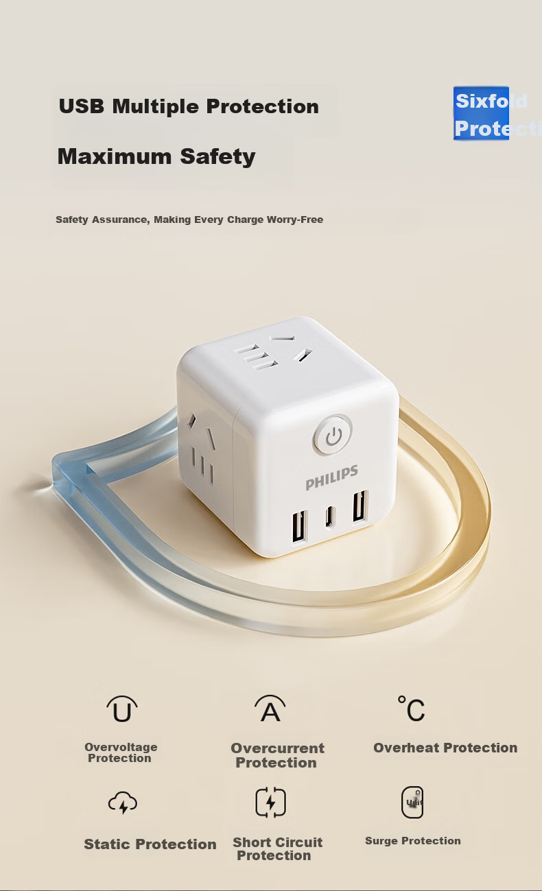 PHILIPS Cube Power Strip Converter Adapter Multi-Outlet 5-Socket Travel Dorm Hotel Extension Multi-Functional Socket Wireless Power Strip Blue 6