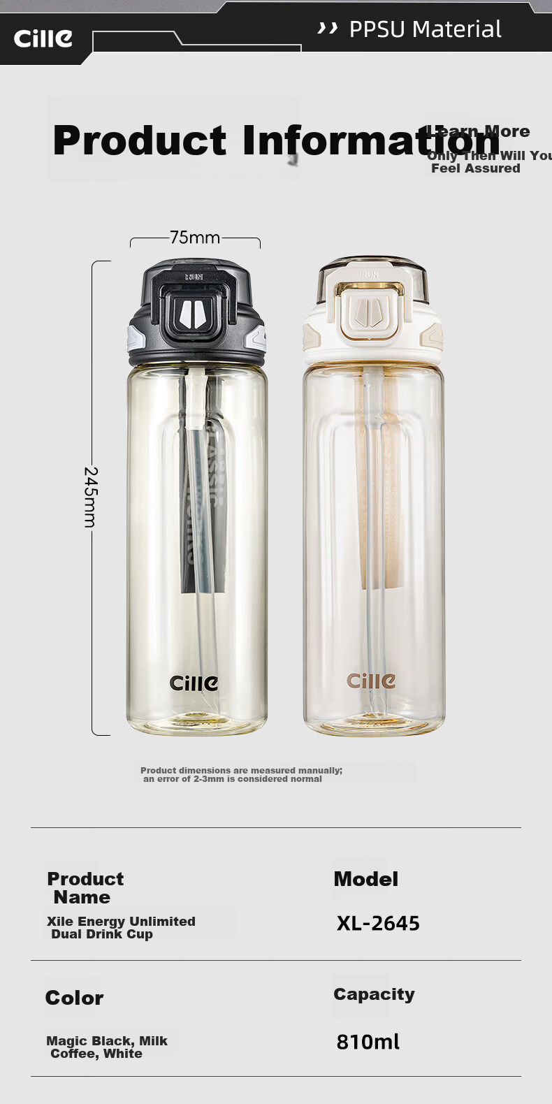 Cille Large Capacity Outdoor Sports Water Bottle for Men PPSU High-Value Heat-Resistant and Drop-Resistant Straw Cup Student Water Bottle 10