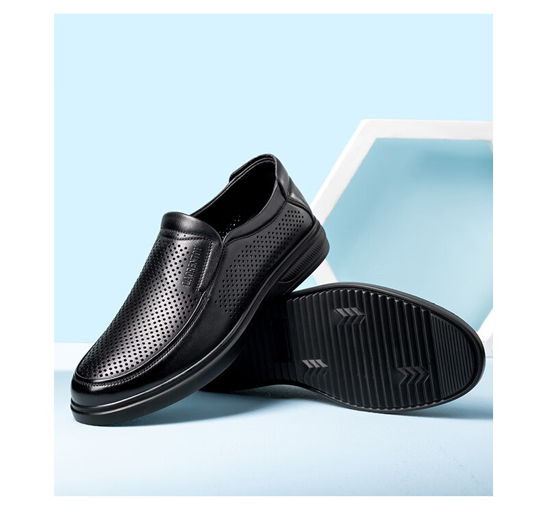 LAORENTOU Men's Summer New Genuine Leather Hollow Casual Slip-On Soft Sole Breathable Perforated Shoes LL175 Black Size 38 13