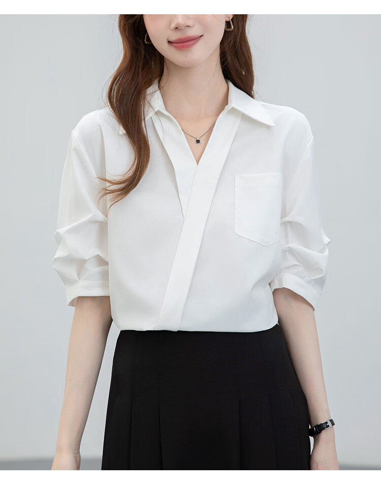 Handu Yishe Women's Short Sleeve Shirt 2026 Summer Commuting V-Neck Light Professional White Blouse M 15