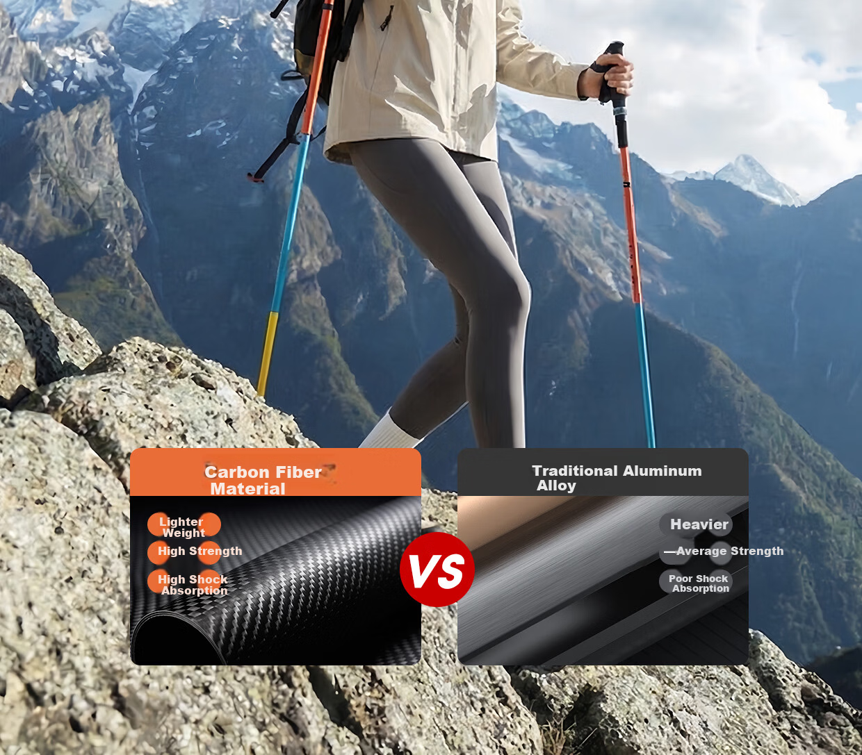 SCALER 【Hiking LOCK】 Lightweight Carbon Fiber Outdoor Trekking Pole Professional Trail Running Hiking Folding Walking Stick Cane 4