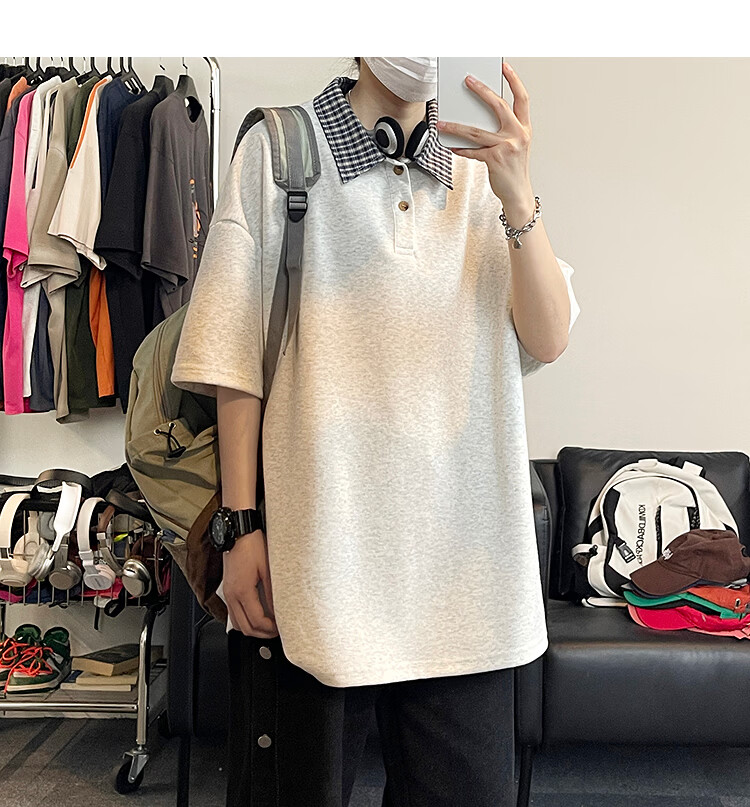 Popeye Two-Piece Houndstooth Polo Shirt Short Sleeve Men's Summer Collared T-Shirt Cleanfit Half Sleeve DX21 White Gray XL 9