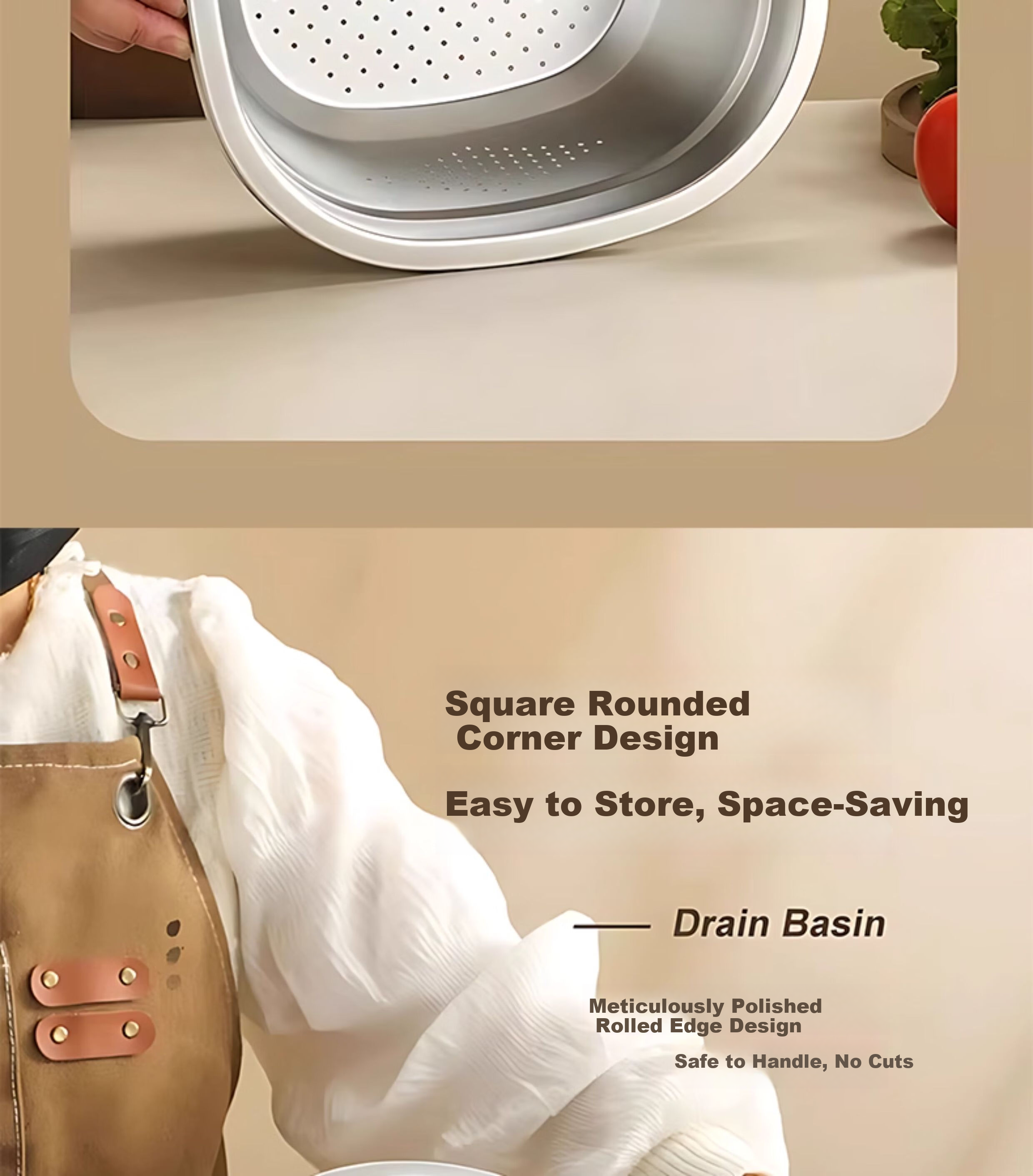 Guofeng Food-Grade Stainless Steel Square Kitchen Basin Rice Washing Bowl 26cm 5