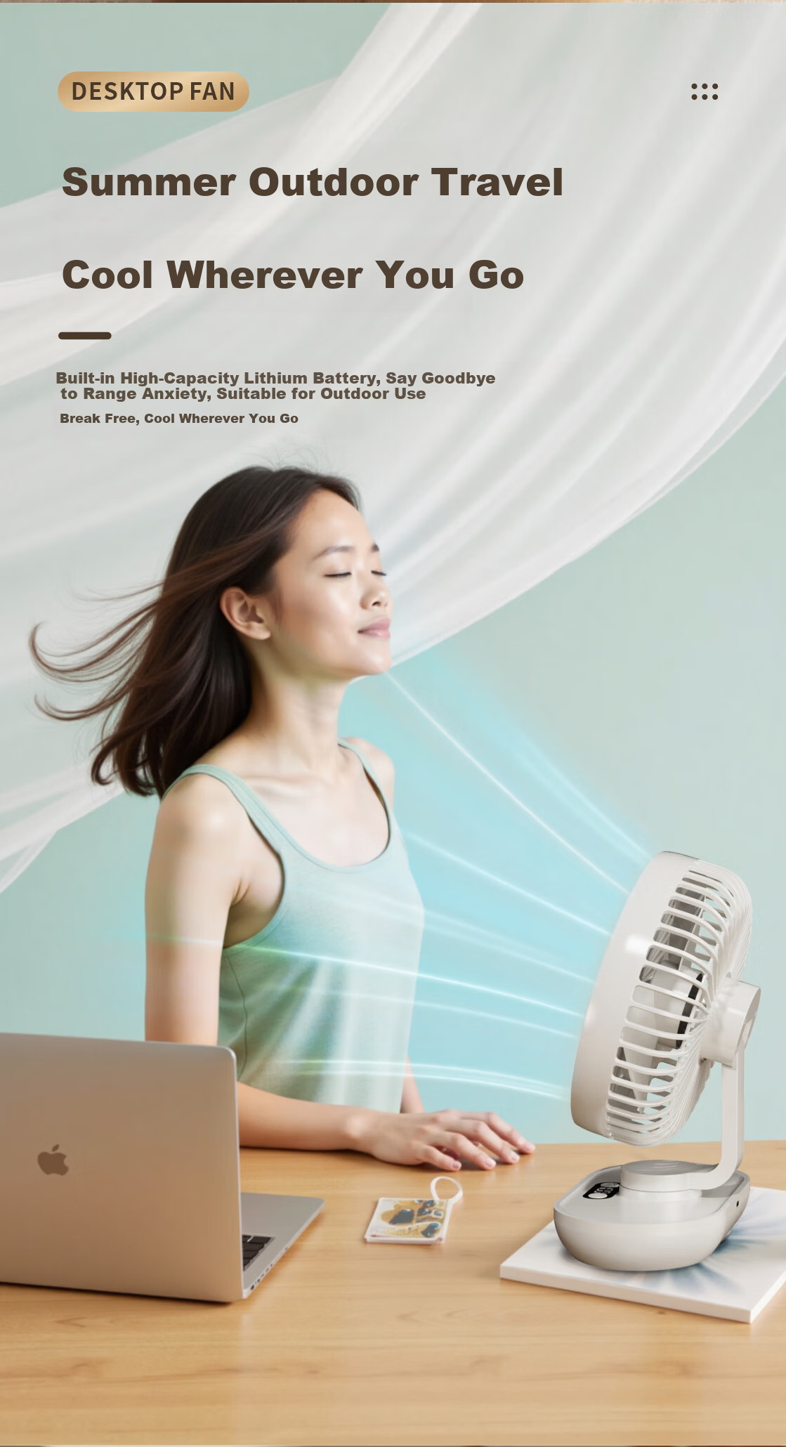 CRENOV Automatic Oscillating Desktop Mini Fan Dual Power USB Rechargeable Silent Student Dormitory Cooling Air Circulator Small Table Fan 3