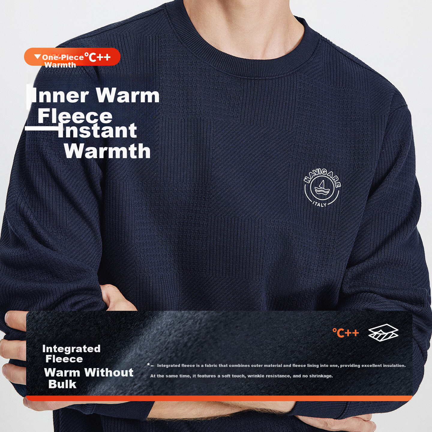 NaviKail Italy Small Sailboat 2025 Winter Men's Fleece-Lined Crewneck Warm Sweatshirt Inner Layer 1135805310