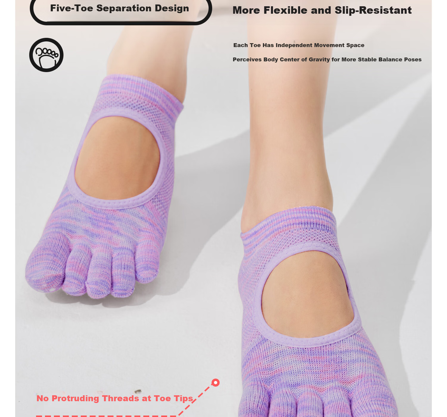 Yottoy Gradient Dyed Non-Slip Yoga Socks for Women Pilates Five-Toe Shoes Summer Indoor Sports Fitness Toe Separator Short - Purple 10