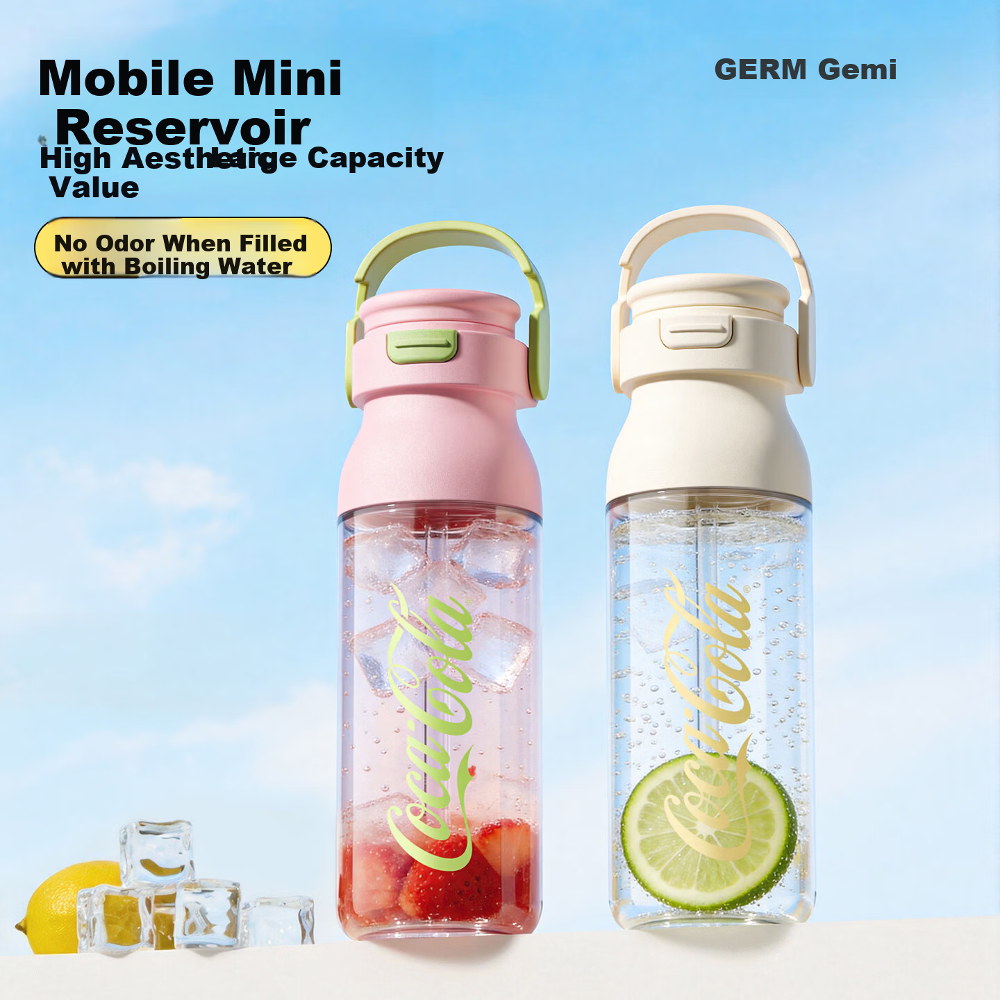 Germ Coca-Cola Summer Plastic Cup with Straw High Temperature Resistant Large Capacity Sports Water Bottle 730ML Snow White