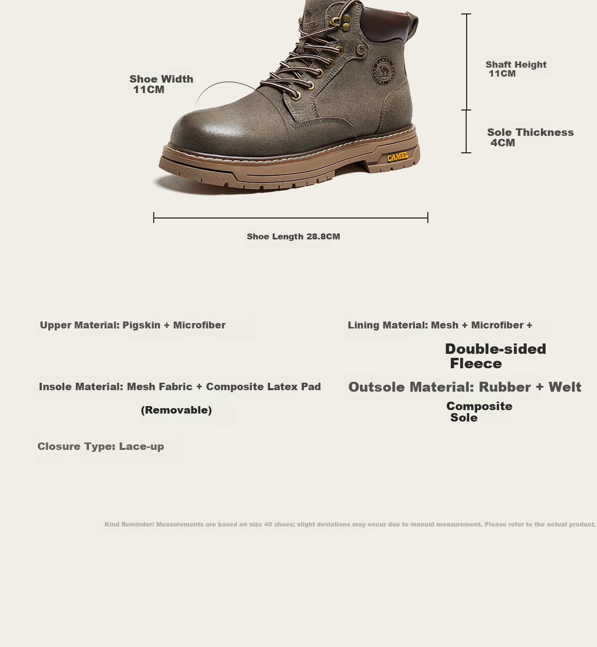 CAMEL Wang Junkai Style Martin Boots High-top Outdoor Workwear Yellow Boots Men GE122W7757T Golden Yellow Size 40 25