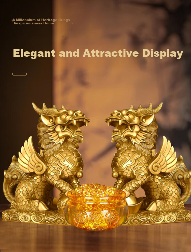 Bin Yue Copper Qilin Figurines Feng Shui Male and Female Pair Brass Qilin with Yellow Crystal Treasure Bowl Housewarming Living Room Entrance Decoration 5