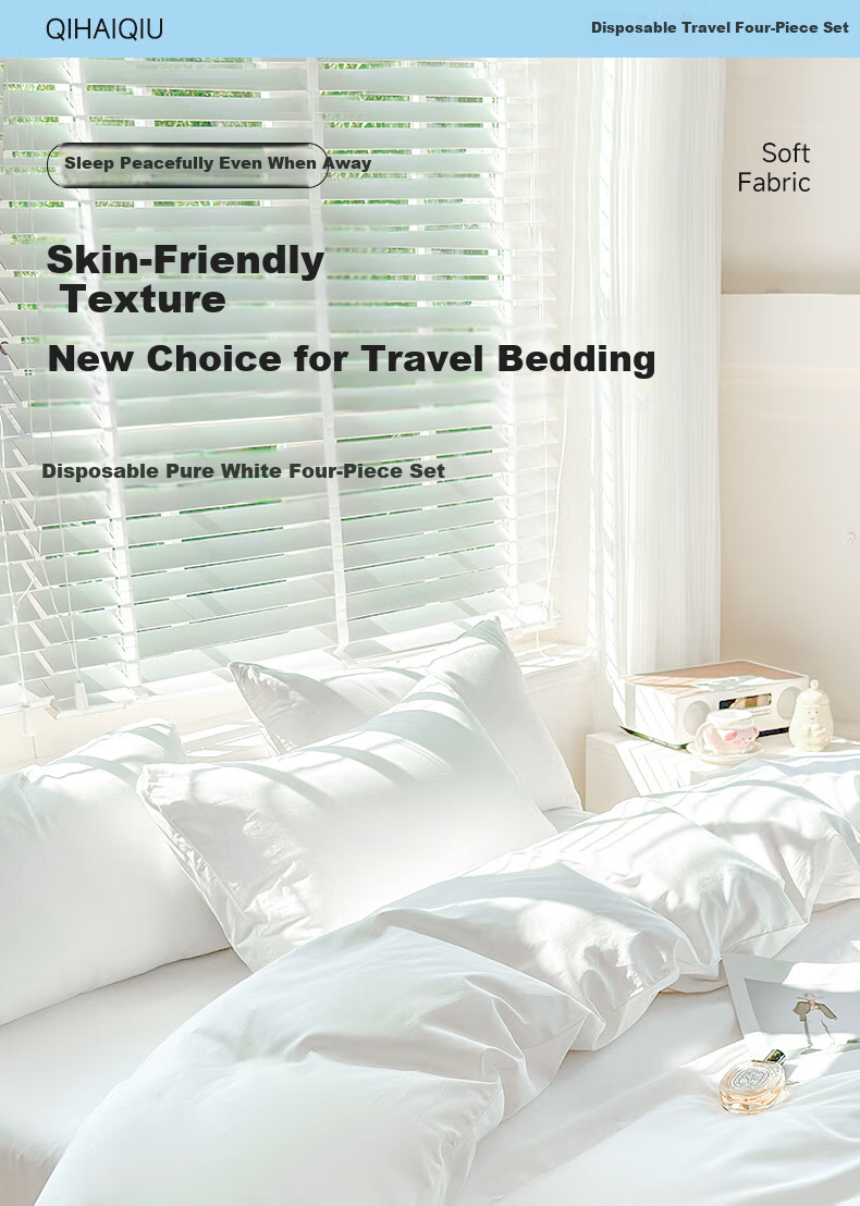 Qihaiqiu Disposable 4-Piece Bedding Set Thickened Disposable Bed Sheet and Duvet Cover Portable Hotel Double Travel Business Trip 1