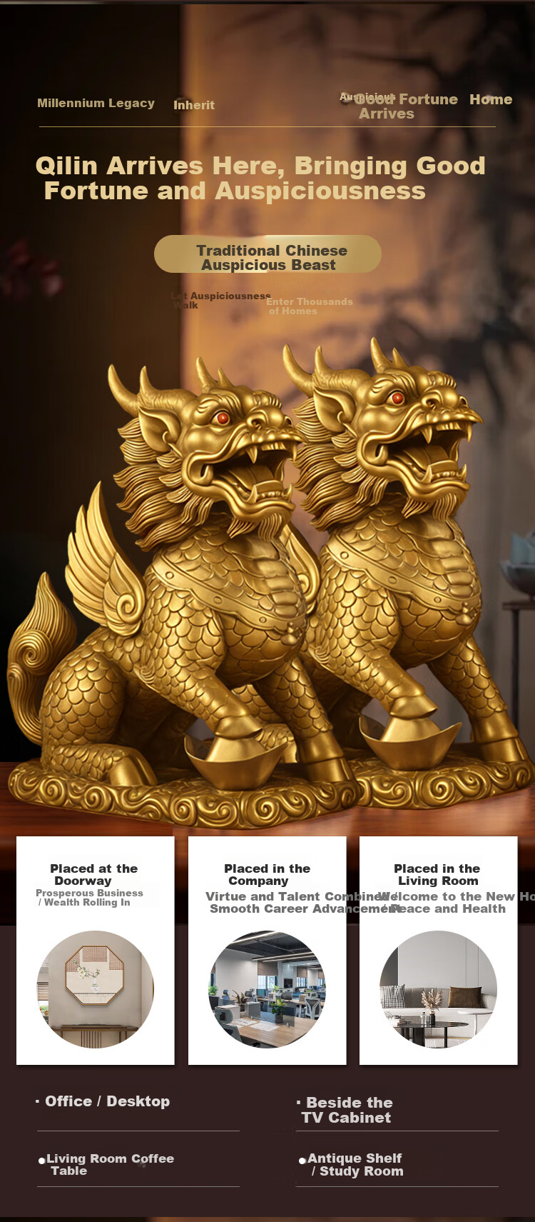Bin Yue Copper Qilin Feng Shui Pair Male and Female Brass Qilin Large Crystal Treasure Bowl Housewarming Living Room Entrance Decoration 2