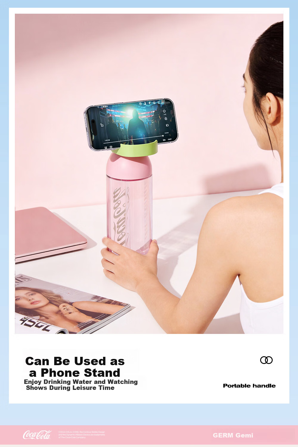 Germ Coca-Cola Summer Plastic Cup with Straw High Temperature Resistant Large Capacity Sports Water Bottle 730ML Snow White 5