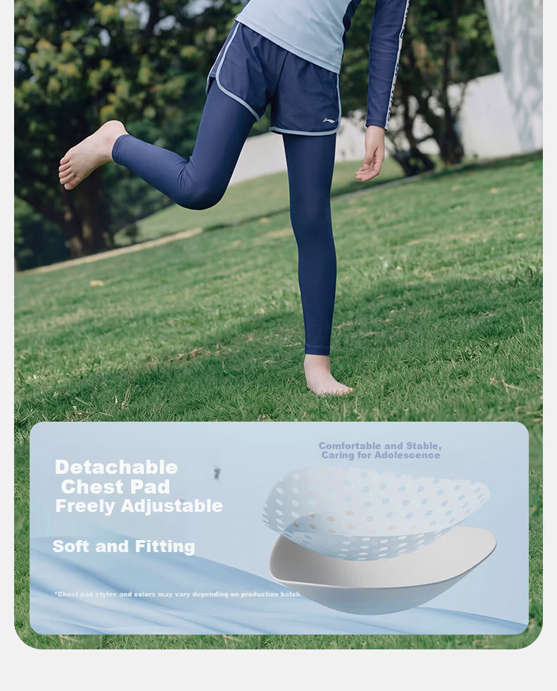 LI-NING Kids Girls Long Sleeve Long Pants Sunscreen Warm Split Professional Surfing Swimsuit Swimming Gear 1352 Blue 160 16