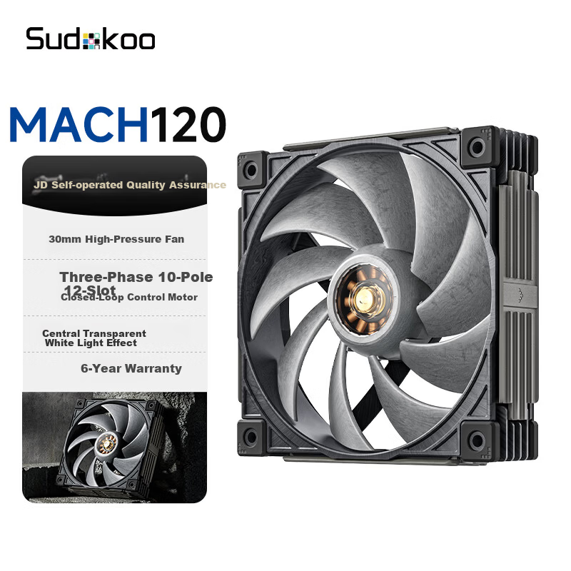 SUDKOO MACH120 Case Fan (Mach 120 Fan / LCP Blades / 30mm Industrial Grade Fan / Adjustable Center White Light / 6-Year Warranty)