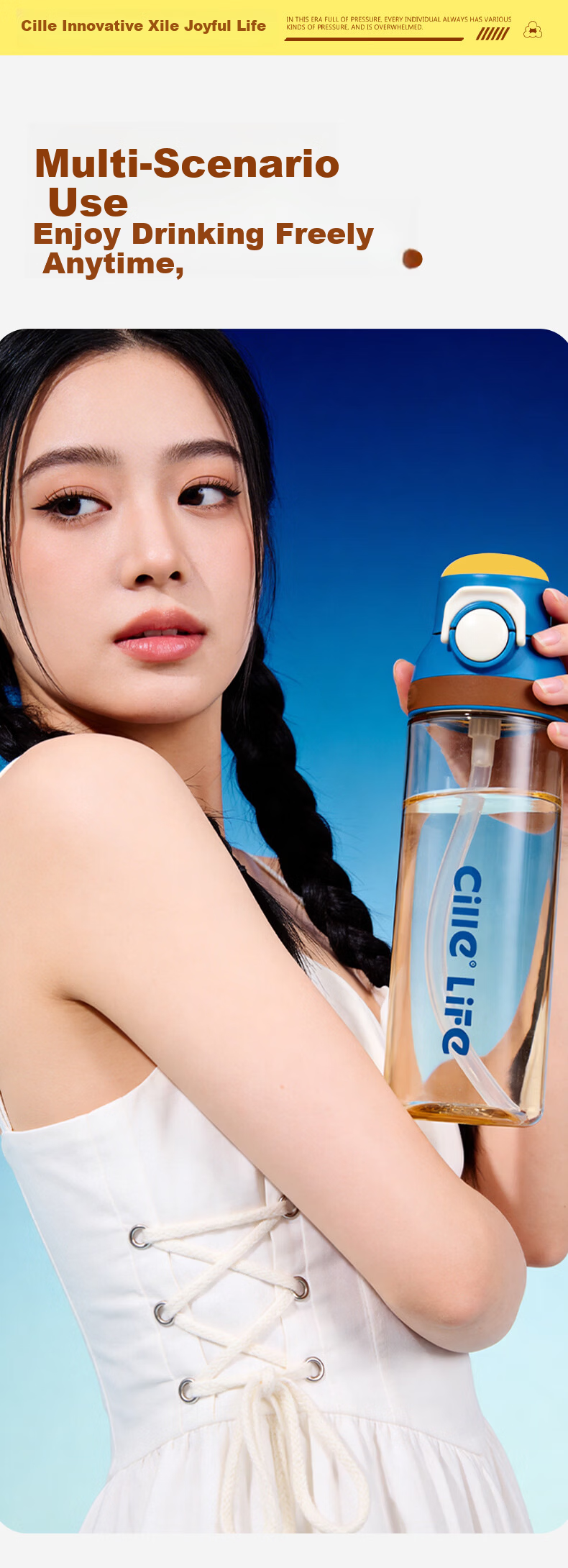 Cille Large Capacity Plastic Water Bottle PPSU High Temperature Resistant Student Dual-Drink Portable Cup Unisex Sports Fitness Bottle 4