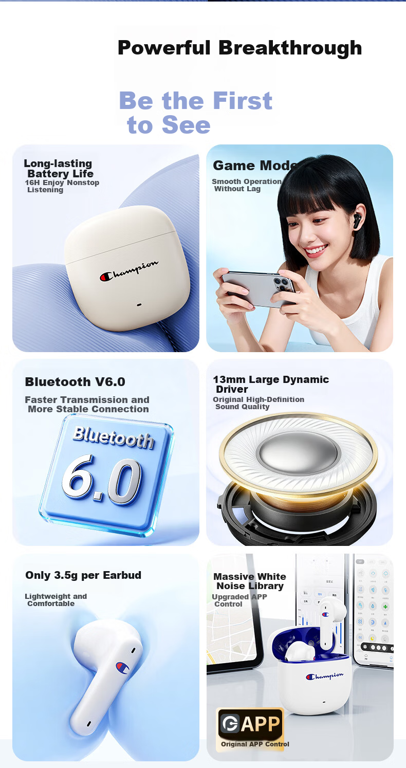 Champion True Wireless Bluetooth Earbuds Semi-In-Ear Music Sports Gaming Earphones Bluetooth 6.0 Compatible with Apple Xiaomi Phones Trendy Series CH30 Beige 4
