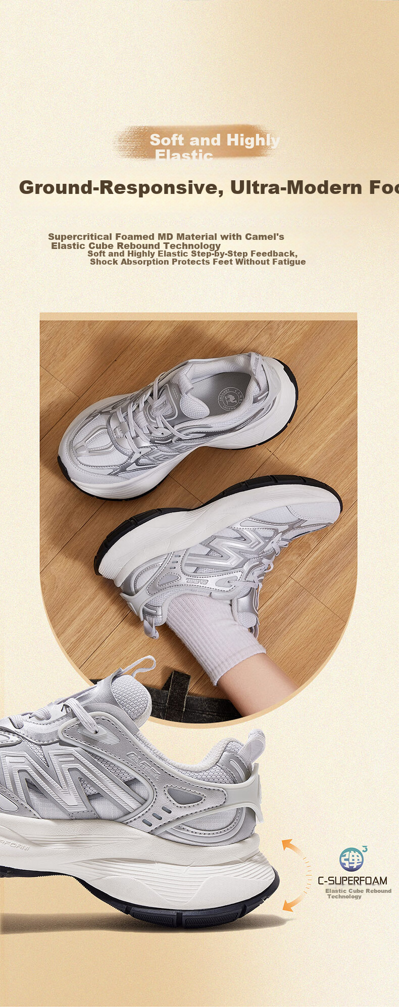 CAMEL Women's Thick-Soled Retro Casual Dad Sneakers K25C09L7047 Black/Silver White Size 38 9