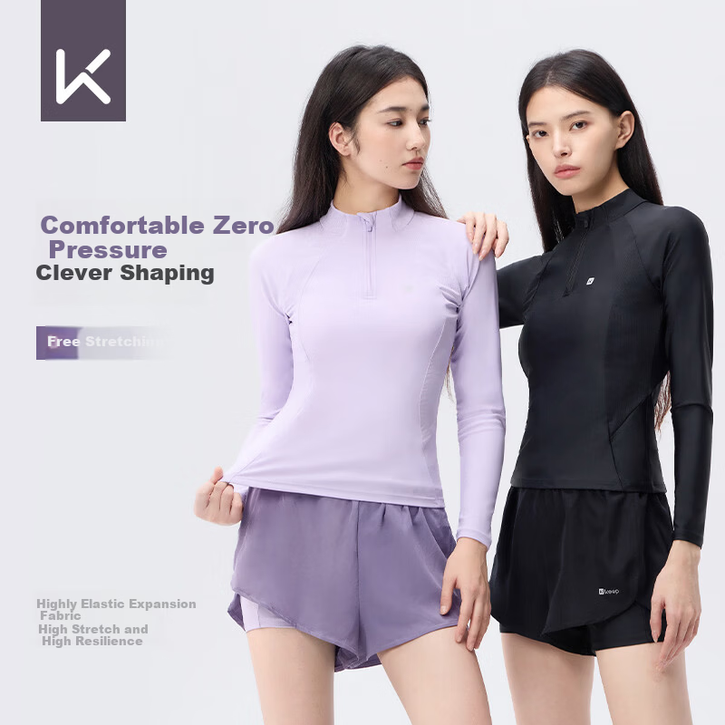 Keep Women's Two-Piece Long Sleeve Sun Protection Swimsuit for Plus Size Girls Conservative Hot Spring Swimwear 925 Black M