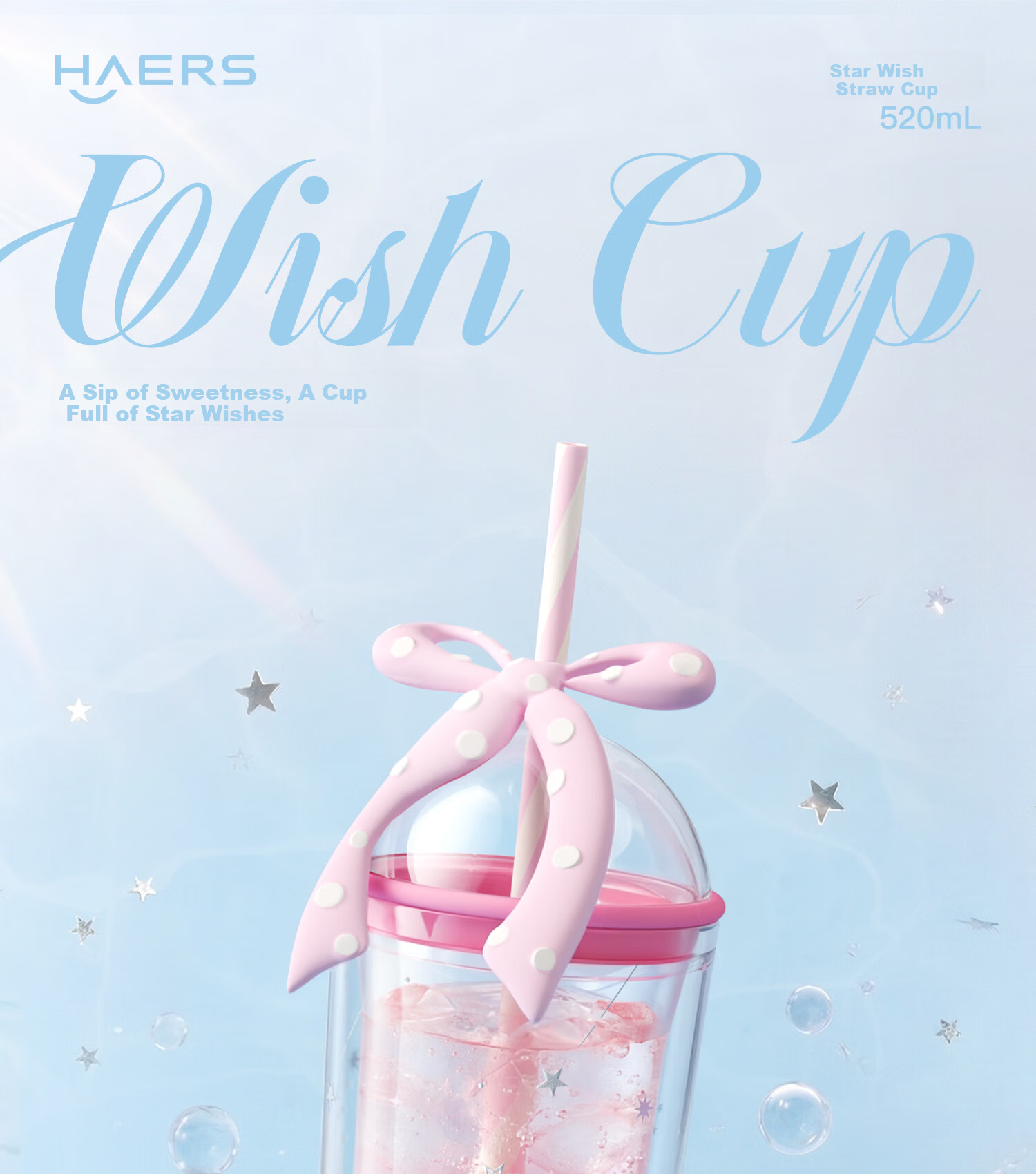 HAERS Double-Layer Bowknot Glass Cup High-Value Desktop Water Cup Girls Straw Cup (Pink) 450ml 1