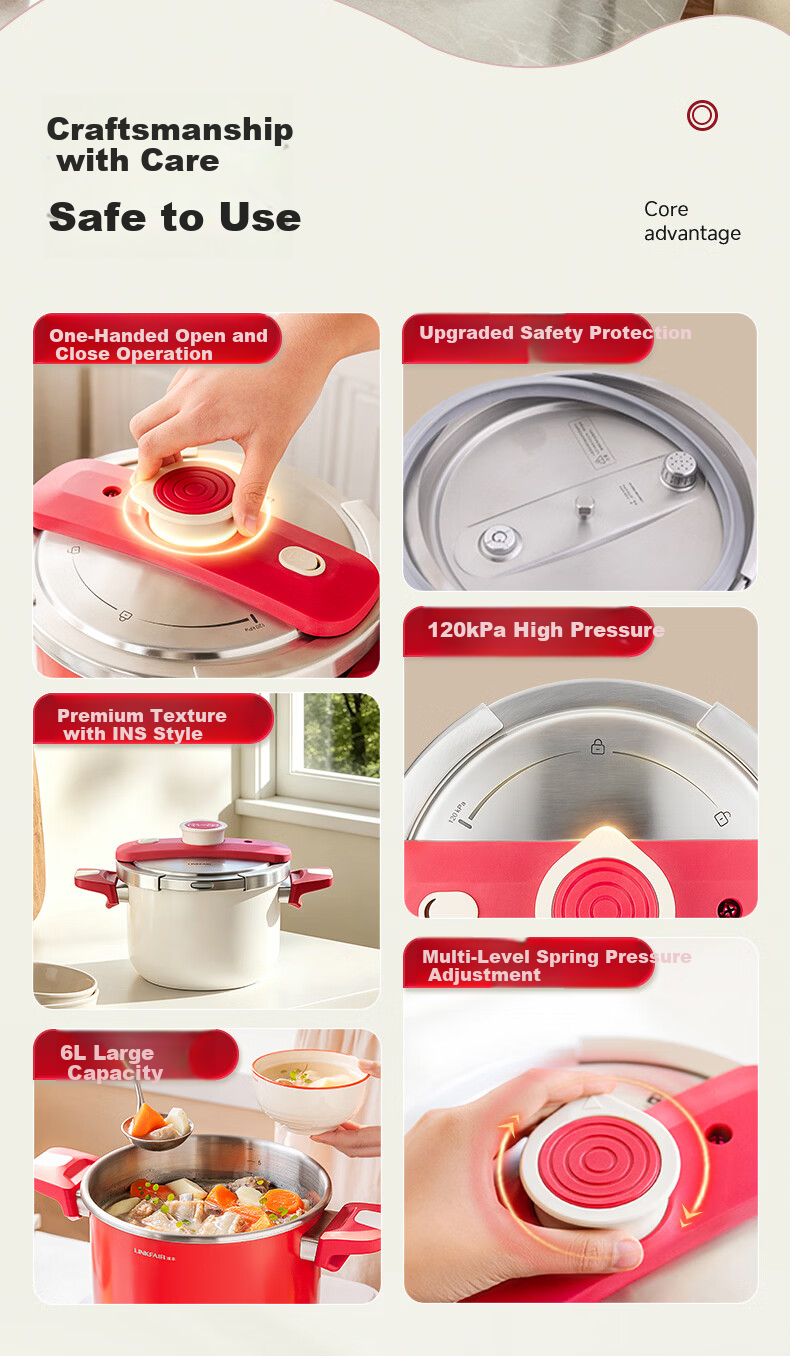 LINKFAIR High-Pressure Cooker Household Stainless Steel Explosion-Proof One-Touch Pressure Cooker Compatible with Gas and Induction Cookers 2