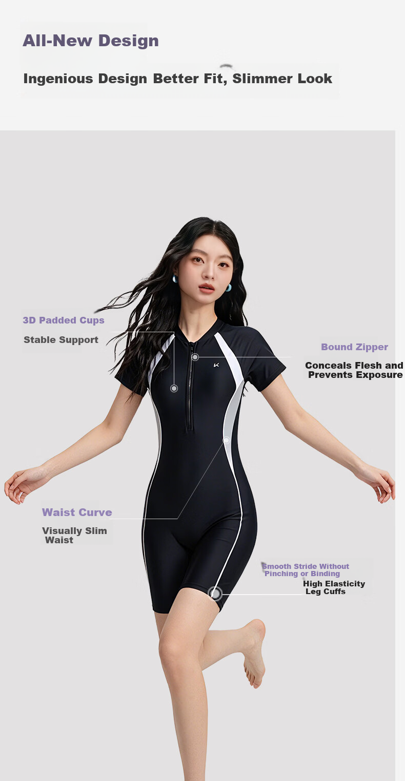 Keep Women's One-Piece Swimsuit, Knee-Length Professional Swimwear, Slimming, Chlorine-Resistant, Competitive Speed Swimwear, 2XL, Black 2