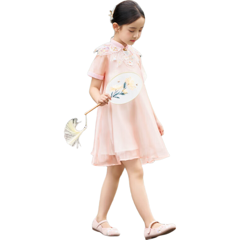 Classic Teddy Girls' Dress, Children's Hanfu, Big Kids' Improved Qipao, New Chinese Style Princess Dress, Pink, Size 160