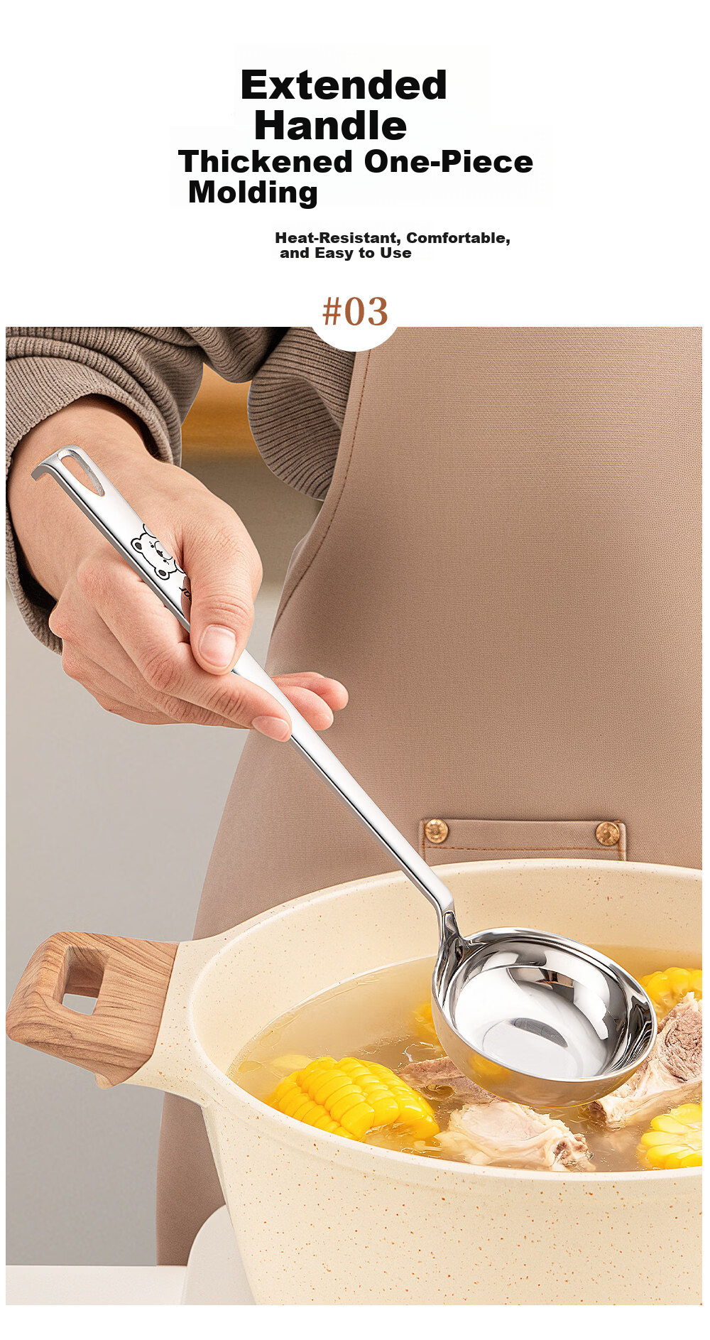 Guofeng 316 Stainless Steel Large Soup Ladle Kitchen Hot Pot Slotted Spoon High-End Non-Slip Set [Soup Ladle + Slotted Spoon] 3