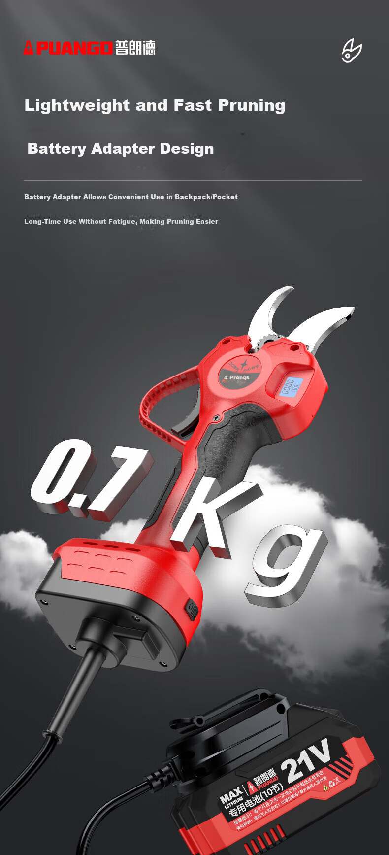 PUANGD Brushless Electric Pruning Shears Cordless Garden Tree Branch Trimmer Rechargeable Fruit Tree Pruner 10