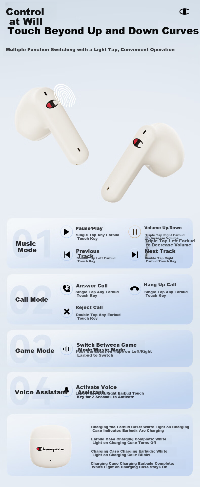 Champion True Wireless Bluetooth Earbuds Semi-In-Ear Music Sports Gaming Earphones Bluetooth 6.0 Compatible with Apple Xiaomi Phones Trendy Series CH30 Beige 11