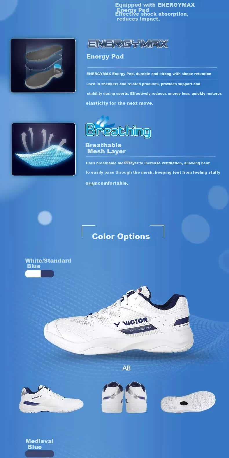 VICTOR Professional Badminton Shoes Unisex Non-Slip Breathable Shock Absorption A301-AB (White/Standard Blue) 5