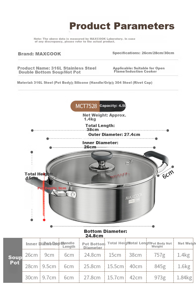 MAXCOOK 26cm 316L Stainless Steel Hot Pot Soup Pot with Lid, Compatible with Gas and Induction Cookers MCT7528 14