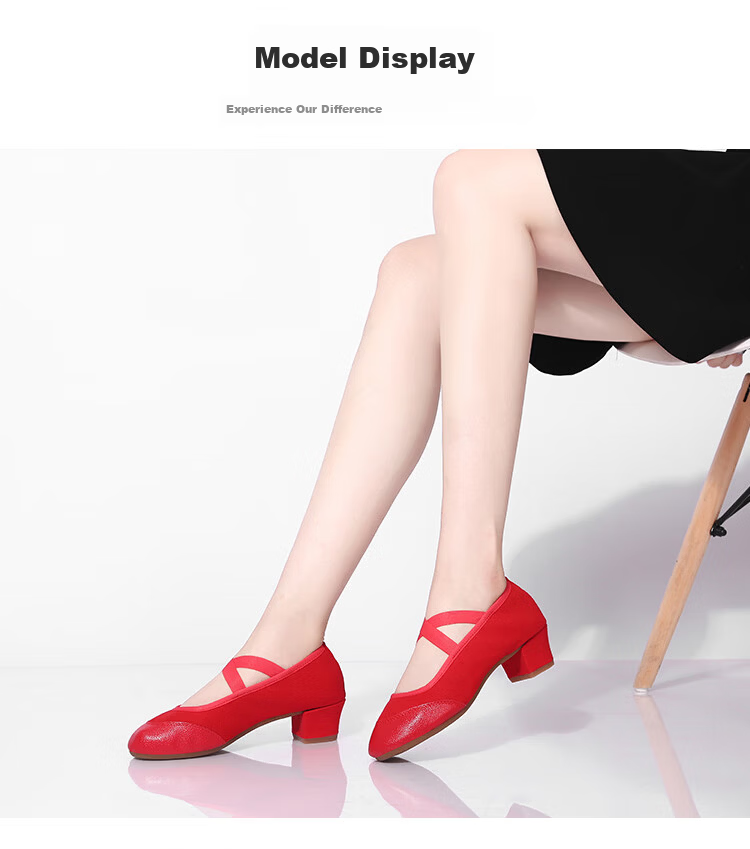 Teslita Red Dance Shoes Women Soft Sole Middle-Aged and Elderly Adult Mid-Heel Square Dance Canvas Shoes Black 6
