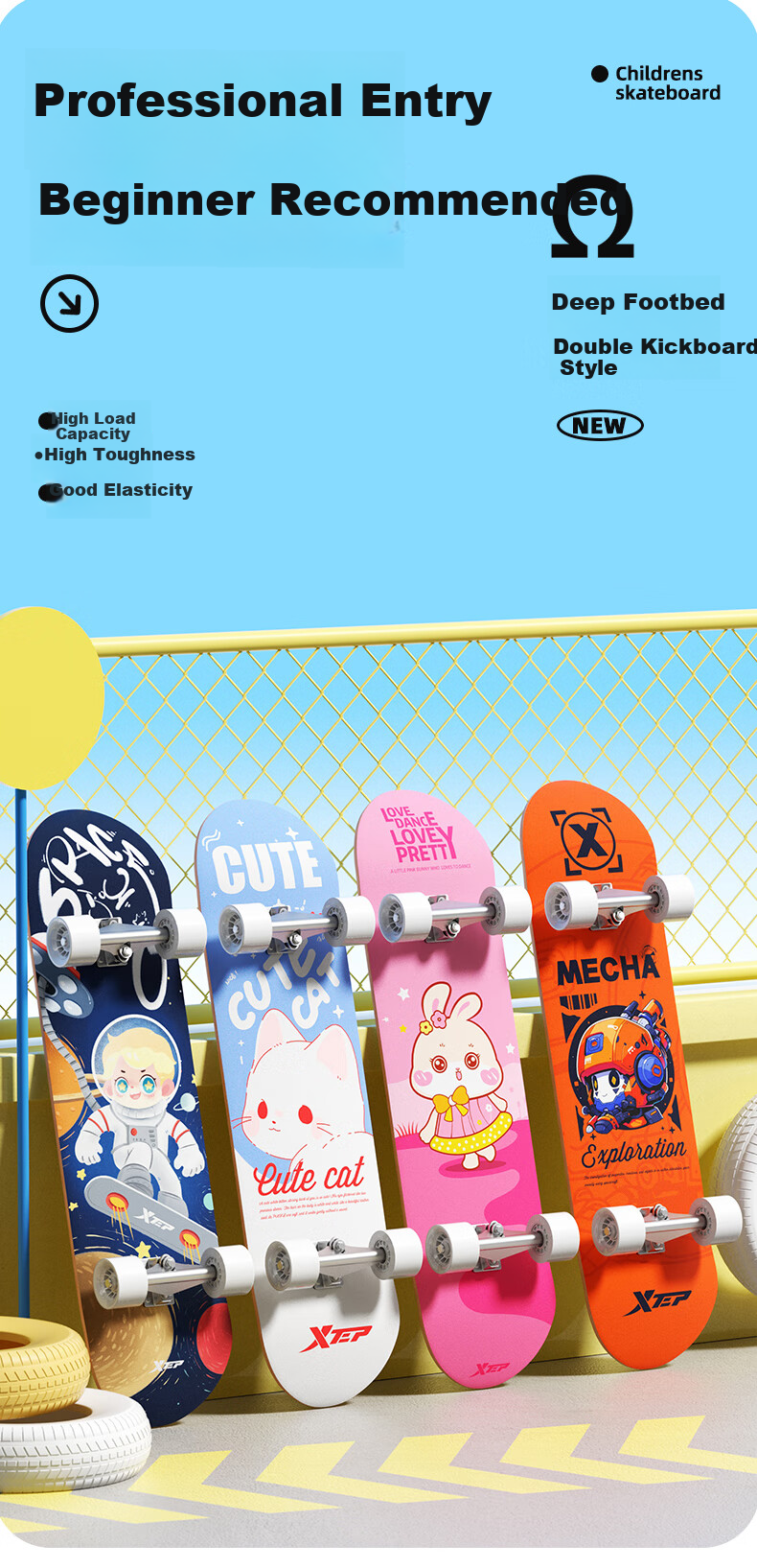 XTEP Kids Beginner Professional Skateboard Double Kick Street Skateboard for Teens 1