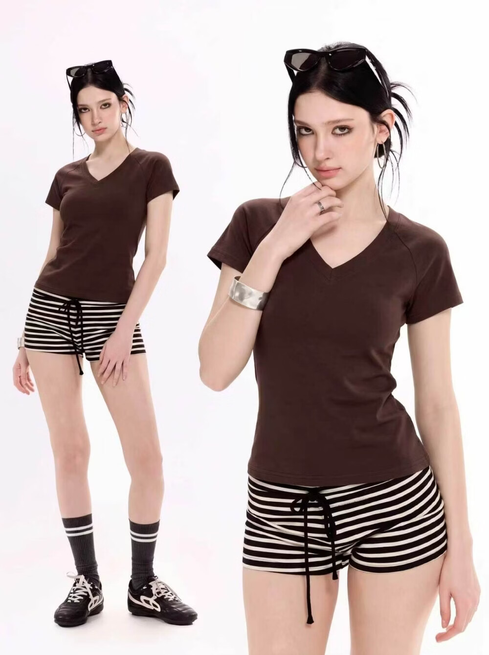 ICH MODE American Slim Fit V-Neck Shoulder Short Sleeve T-Shirt Women Summer New Slim Short Hot Girl Half Sleeve Top Dark Gray M 6