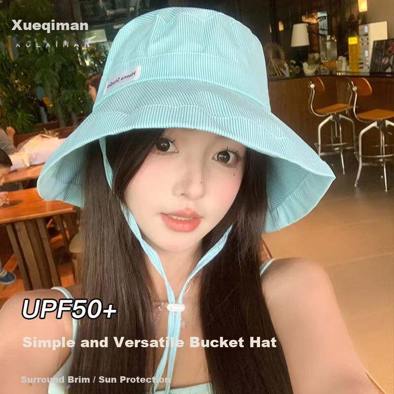 Xueqiman Japanese Style Fresh Striped Fisherman Hat Women's Summer New Fashion Versatile Sun Hat Large Head Circumference Slim Face Bucket Hat