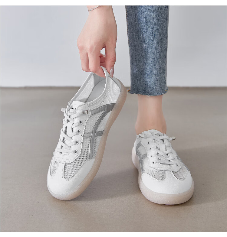 ZHR Women's Shoes, Summer New Style Mesh Breathable White Sneakers, Genuine Leather Training Sports Shoes for Women, A67E White Blue Size 37 36